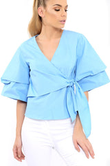 Blue Tie Around The Waist Ruched Sleeve Top - Eillish-Tops