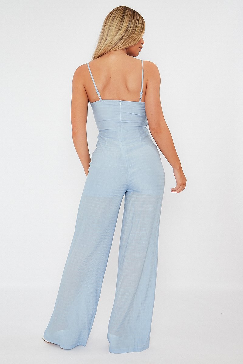 Blue Tie Detail Wide Leg Jumpsuit - Josilyn-Jumpsuits