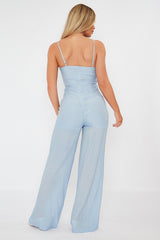 Blue Tie Detail Wide Leg Jumpsuit - Josilyn-Jumpsuits