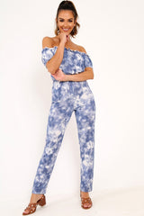 Blue Tie Dye Bardot Jumpsuit - Kenzington-Jumpsuits
