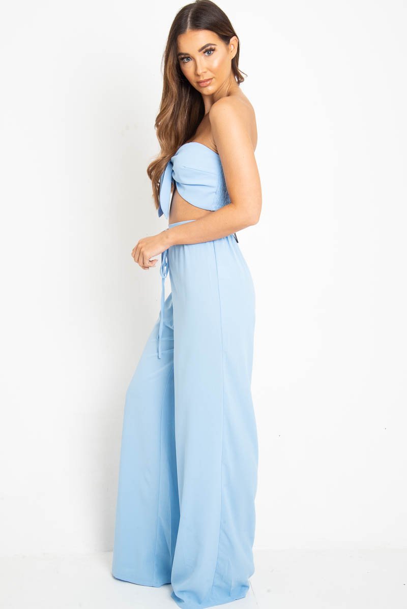 Blue Tie Front Bandeau Wide Leg Trouser Co-Ord - Roselia-Co-ords