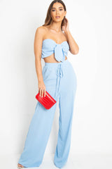 Blue Tie Front Bandeau Wide Leg Trouser Co-Ord - Roselia-Co-ords