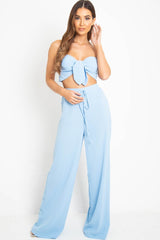 Blue Tie Front Bandeau Wide Leg Trouser Co-Ord - Roselia-Co-ords