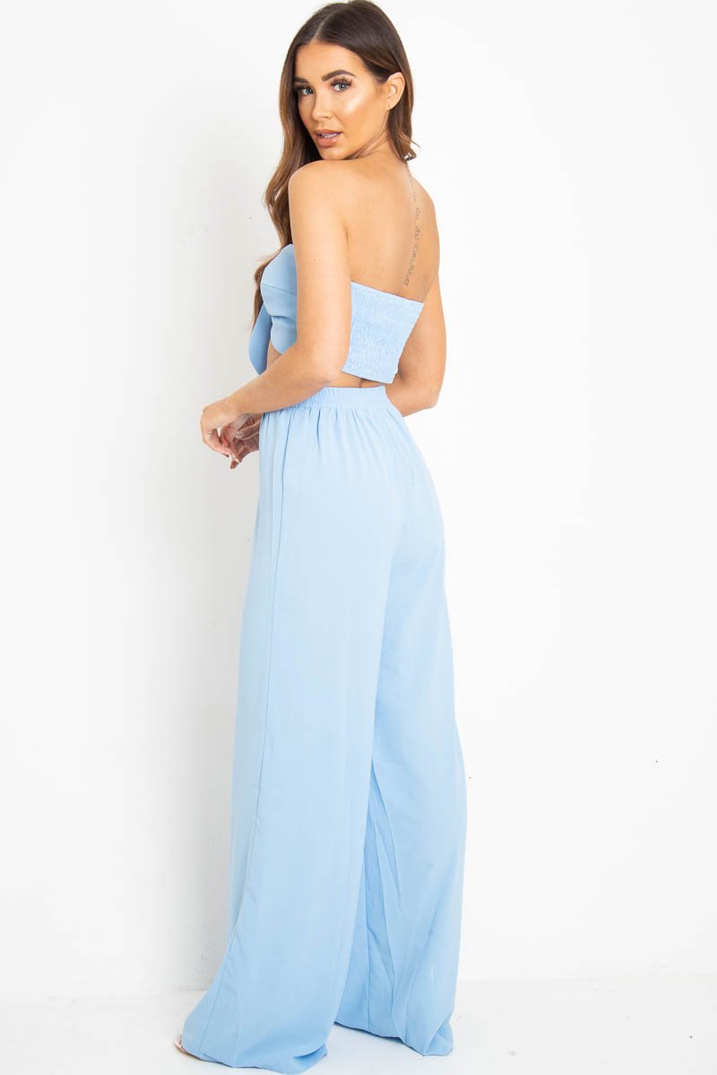 Blue Tie Front Bandeau Wide Leg Trouser Co-Ord - Roselia-Co-ords