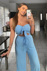 Blue Tie Front Bandeau Wide Leg Trouser Co-Ord - Roselia-Co-ords