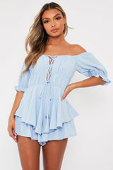 Blue Tie Front Frill Detail Bardot Playsuit - Cera-Playsuits