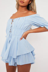 Blue Tie Front Frill Detail Bardot Playsuit - Cera-Playsuits