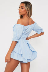 Blue Tie Front Frill Detail Bardot Playsuit - Cera-Playsuits