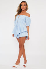 Blue Tie Front Frill Detail Bardot Playsuit - Cera-Playsuits