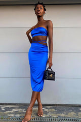 Blue Tie Wrap Around Satin Crop Top & Skirt Co-Ord - Aalaysia