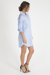 Blue Tied Shoulder Oversized Shirt Dress - Helen-Dresses