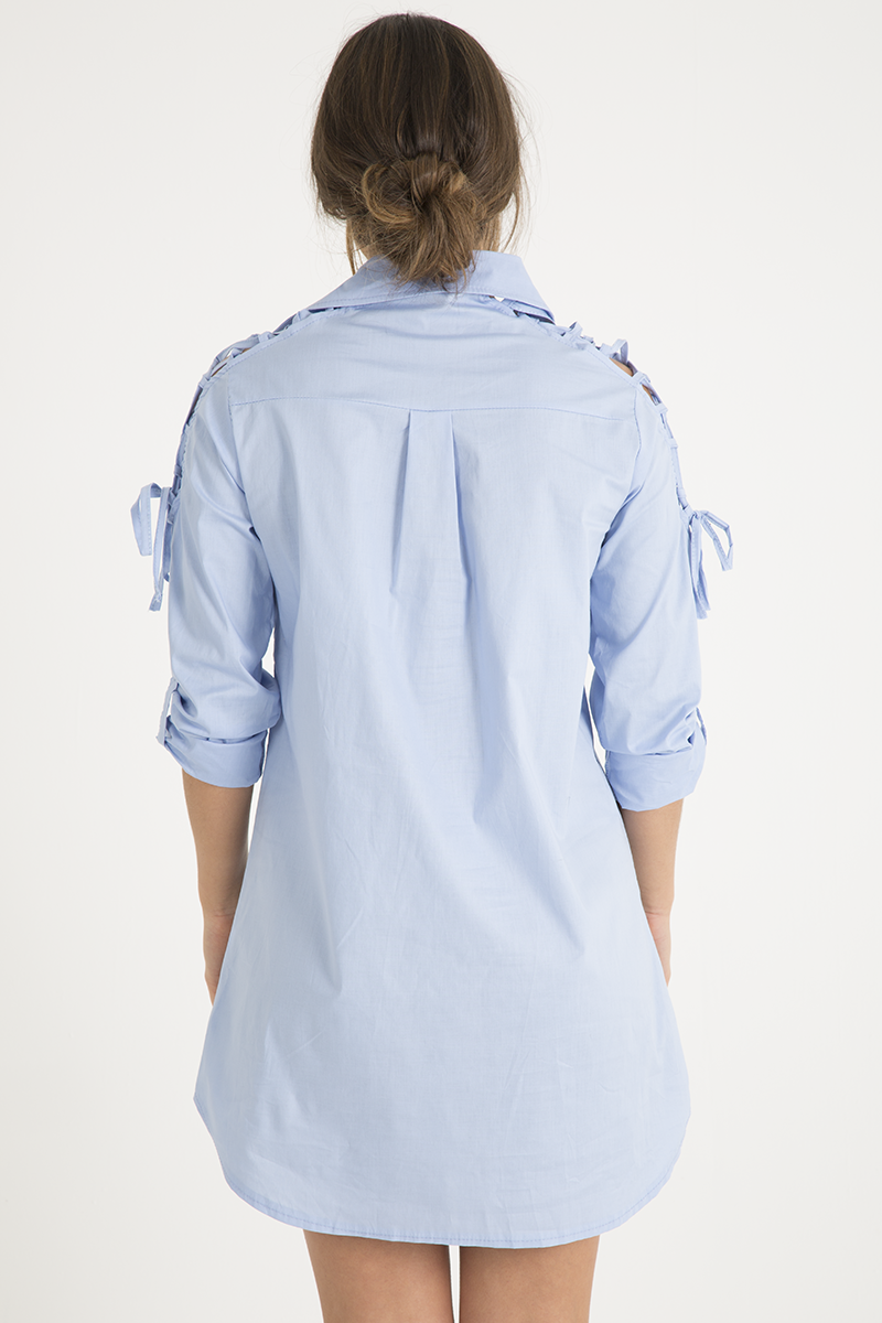 Blue Tied Shoulder Oversized Shirt Dress - Helen-Dresses