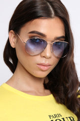 Blue Tinted Lens Gold Frame Aviator Sunglasses -Elly-Sunglasses