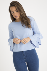 Blue Triple Frill Sleeve Top - Clara-Tops