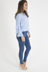 Blue Triple Frill Sleeve Top - Clara-Tops