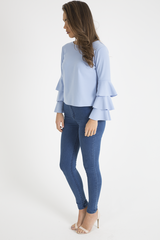 Blue Triple Frill Sleeve Top - Clara-Tops
