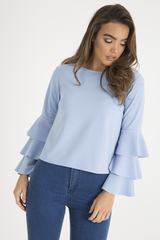 Blue Triple Frill Sleeve Top - Clara-Tops