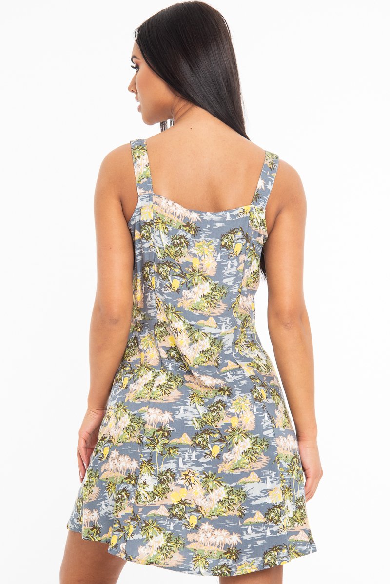 Blue Tropical Print Button Front Midi Dress - Nisha-Dresses