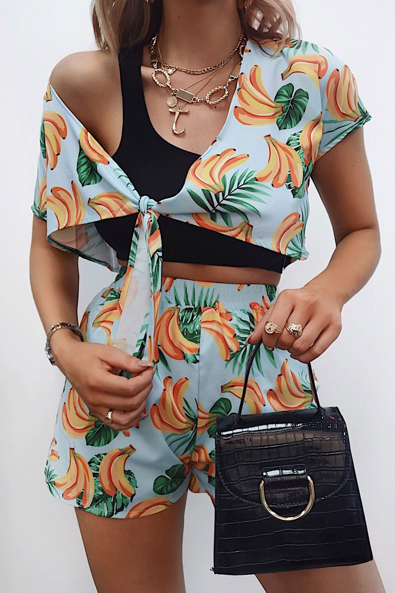 Blue Tropical Print Crop Top and Shorts Co-ord - Olivia-Co-ords