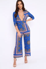 Blue V-Plunge Scarf Print Jumpsuit - Tyler-Jumpsuits