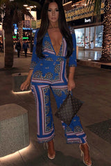 Blue V-Plunge Scarf Print Jumpsuit - Tyler-Jumpsuits