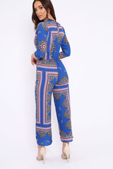 Blue V-Plunge Scarf Print Jumpsuit - Tyler-Jumpsuits