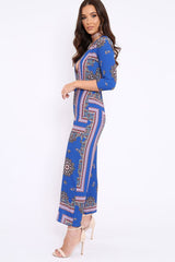 Blue V-Plunge Scarf Print Jumpsuit - Tyler-Jumpsuits