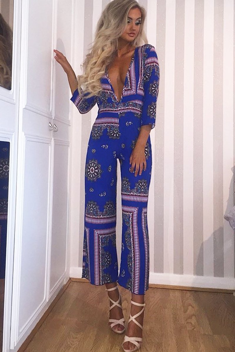Blue V-Plunge Scarf Print Jumpsuit - Tyler-Jumpsuits