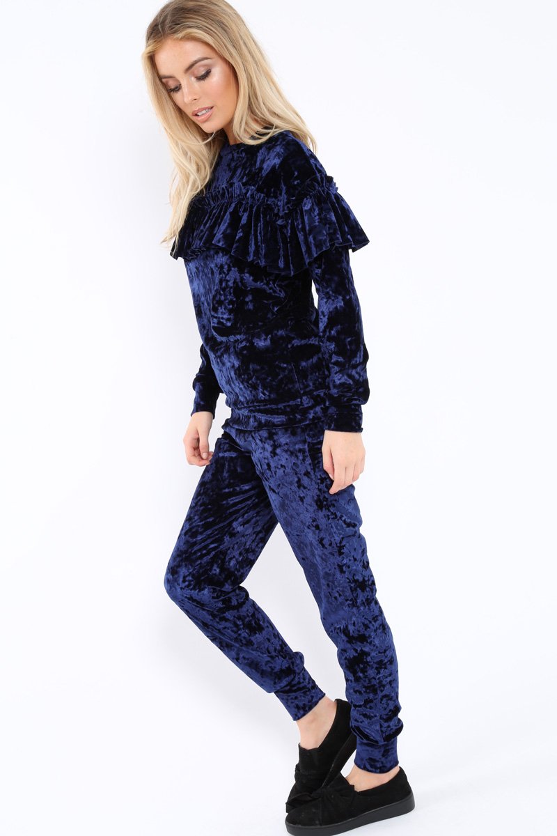 Blue Velvet Frill Tracksuit - Katey-Loungewear