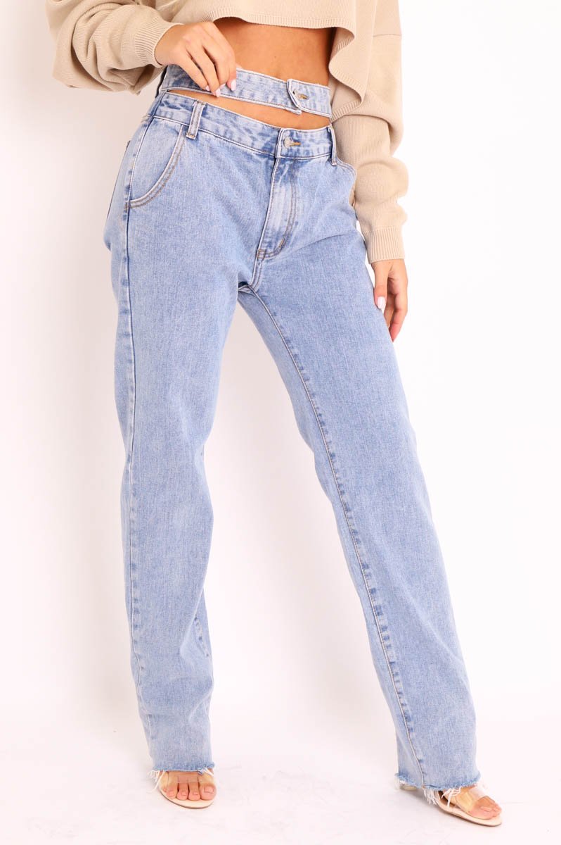 Blue Wash Denim Double Waist Mom Jeans - Dawn-Jeans