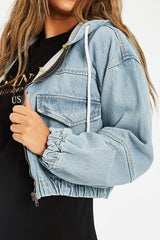 Blue Wash Hooded Cropped Denim Jacket - Madison-Denim Jackets