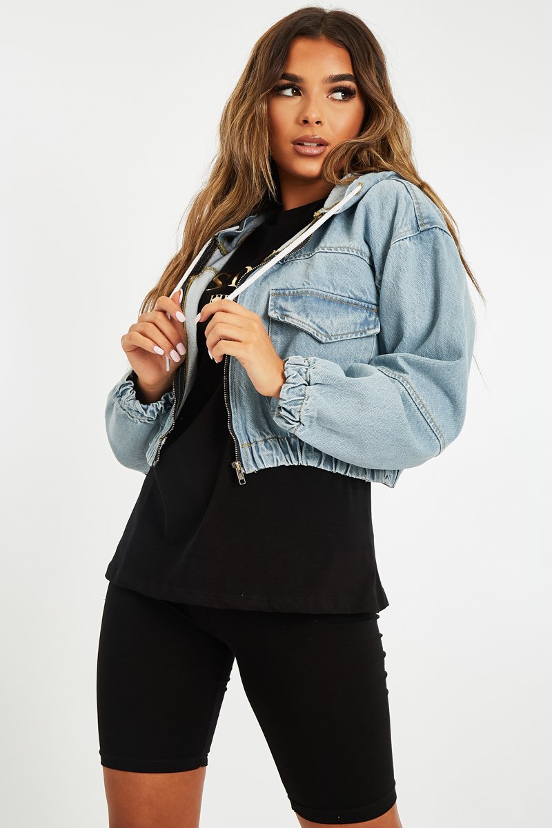 Blue Wash Hooded Cropped Denim Jacket - Madison-Denim Jackets