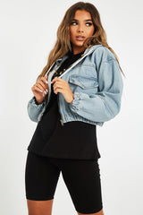 Blue Wash Hooded Cropped Denim Jacket - Madison-Denim Jackets
