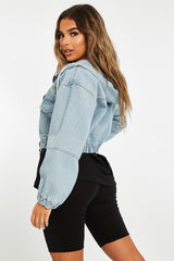 Blue Wash Hooded Cropped Denim Jacket - Madison-Denim Jackets