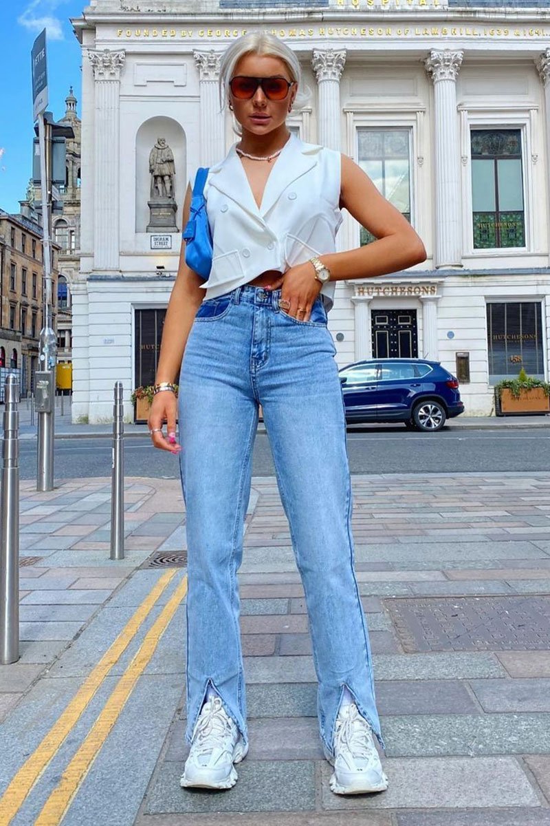 Blue Wash Split Front Straight Jeans - Lilyrose-Jeans