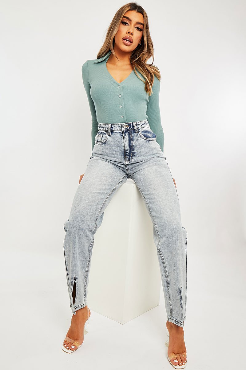 Blue Wash Split Front Straight Jeans - Lilyrose-Jeans