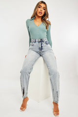 Blue Wash Split Front Straight Jeans - Lilyrose-Jeans