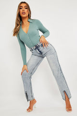 Blue Wash Split Front Straight Jeans - Lilyrose-Jeans
