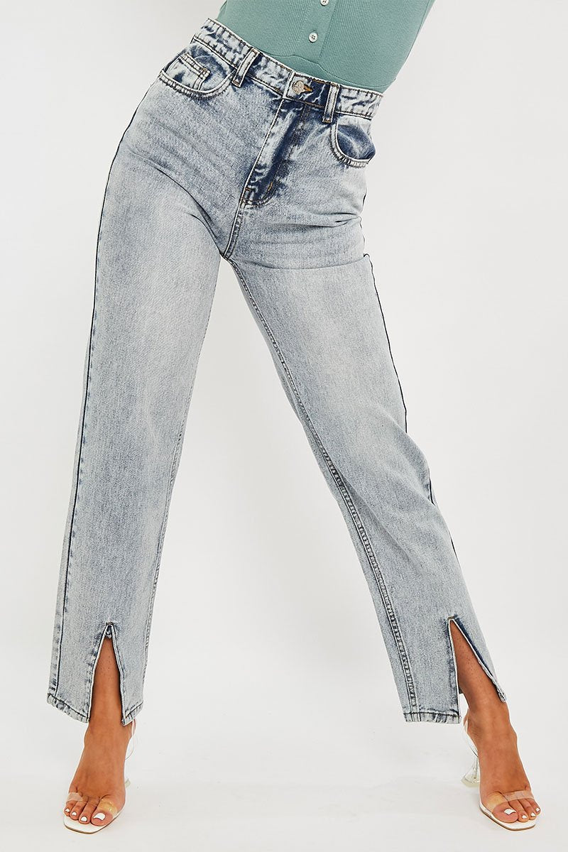 Blue Wash Split Front Straight Jeans - Lilyrose-Jeans