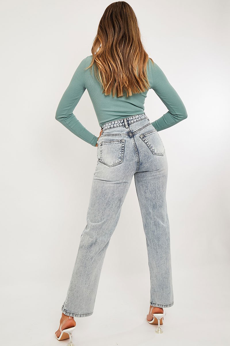 Blue Wash Split Front Straight Jeans - Lilyrose-Jeans