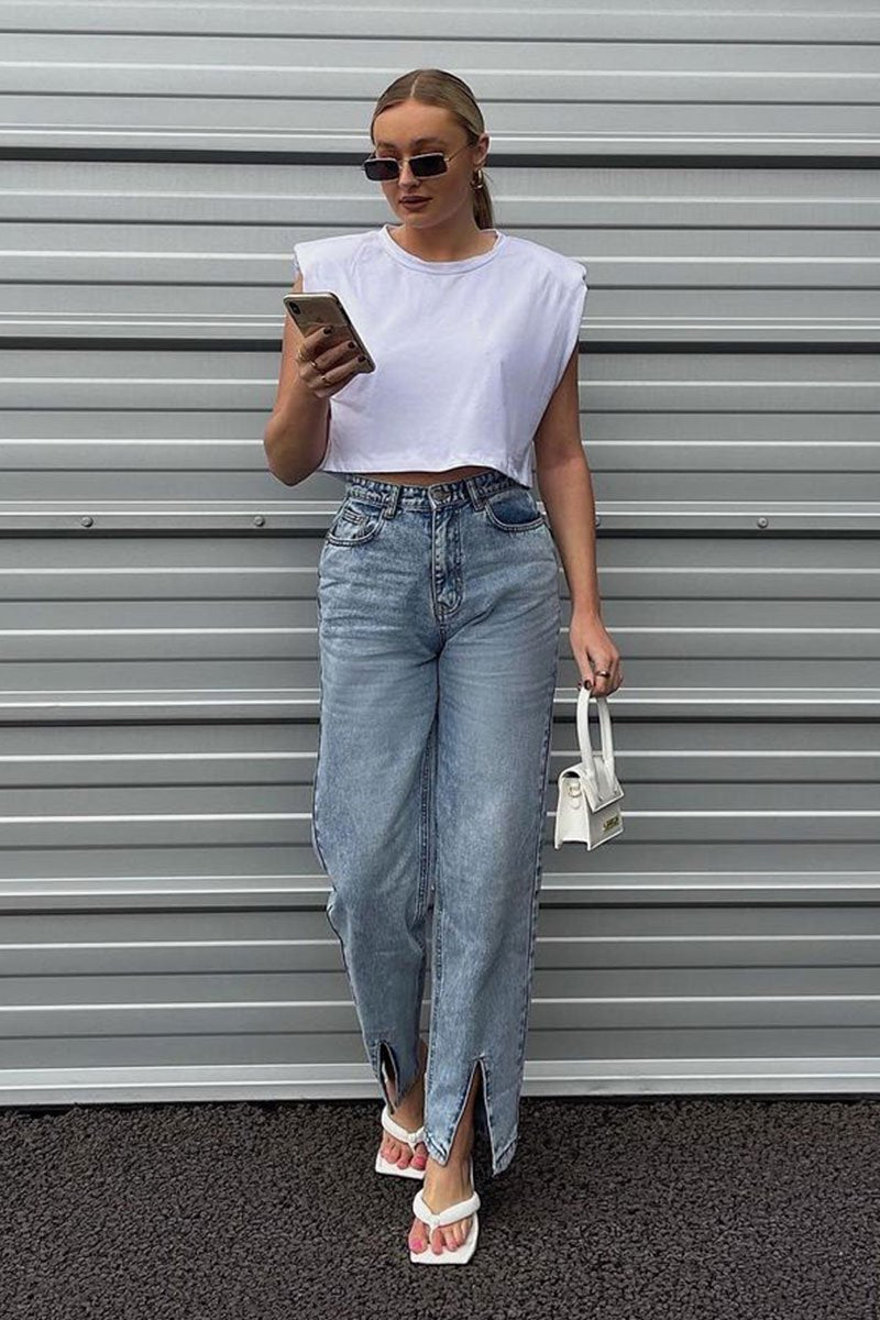 Blue Wash Split Front Straight Jeans - Lilyrose-Jeans