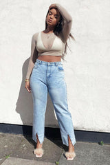 Blue Wash Split Front Straight Jeans - Lilyrose-Jeans