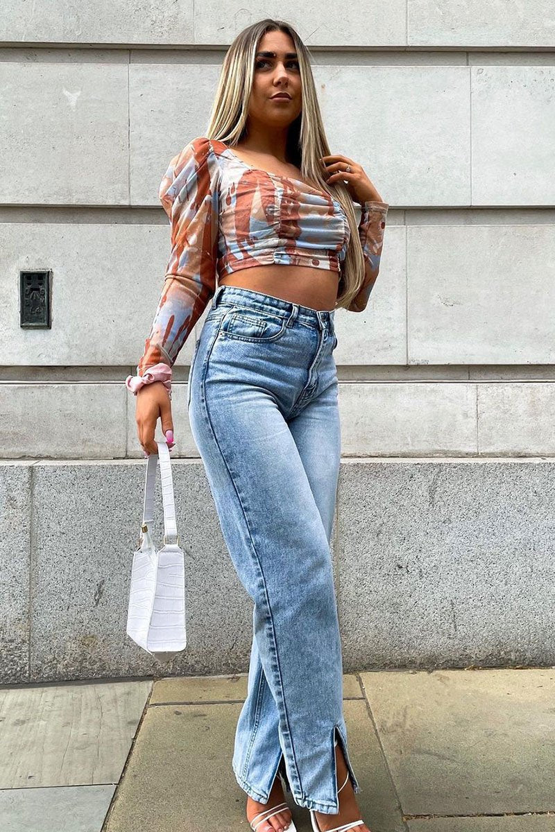 Blue Wash Split Front Straight Jeans - Lilyrose-Jeans