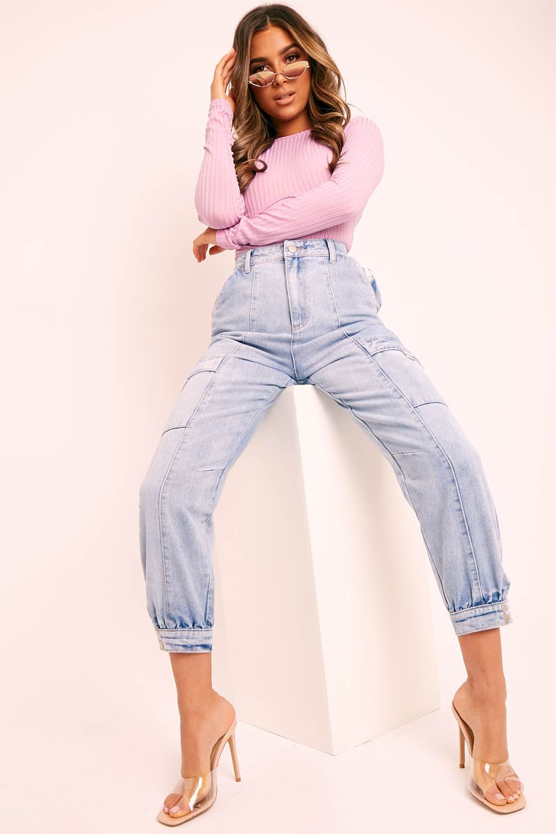 Blue Washed Cargo Pocket Denim Jeans - Madelaine-Jeans