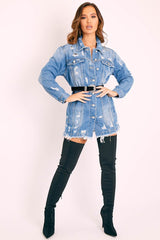 Blue Washed Distressed Denim Shirt Dress - Chloey-Dresses