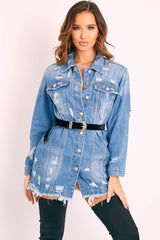 Blue Washed Distressed Denim Shirt Dress - Chloey-Dresses