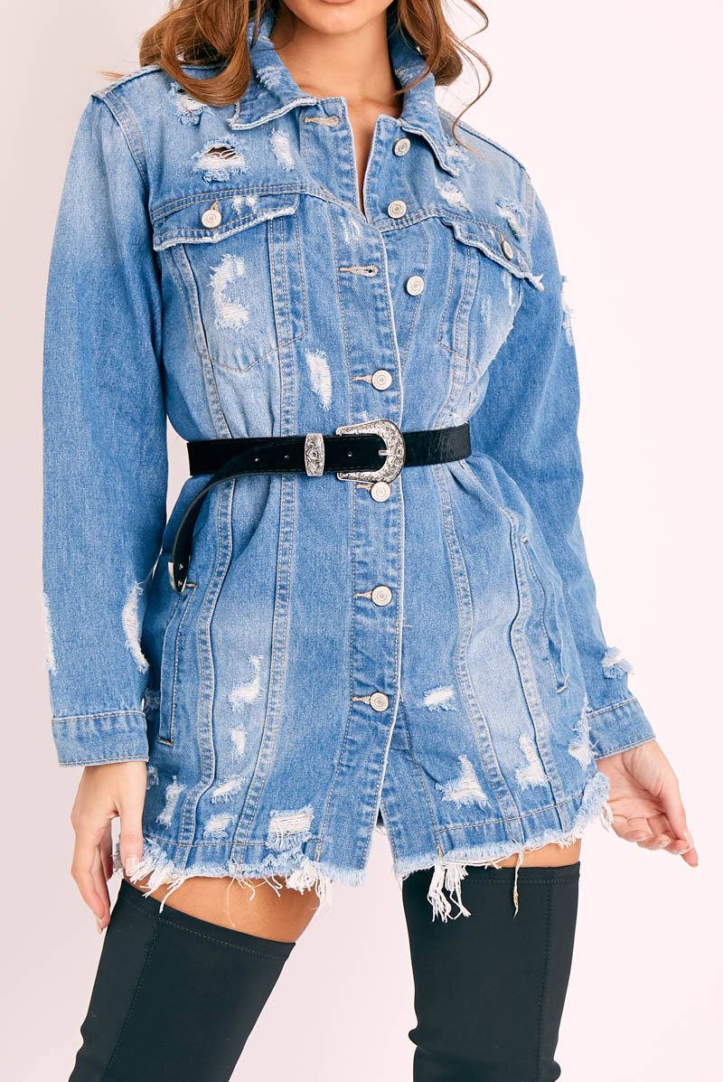 Blue Washed Distressed Denim Shirt Dress - Chloey-Dresses