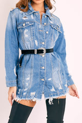 Blue Washed Distressed Denim Shirt Dress - Chloey-Dresses