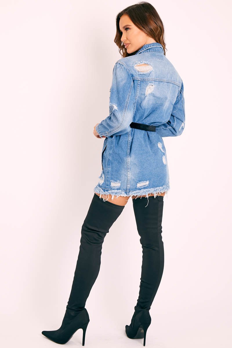 Blue Washed Distressed Denim Shirt Dress - Chloey-Dresses