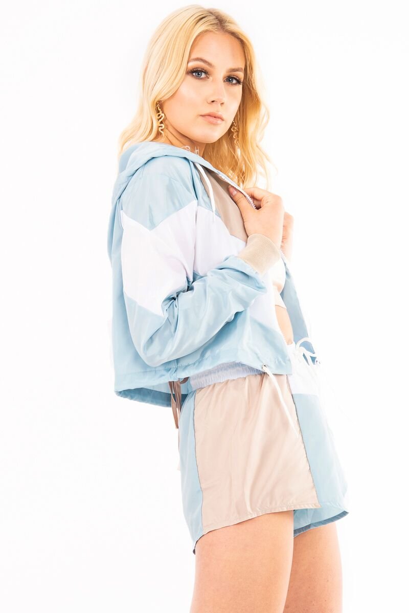 Blue White Colour Block Hooded Jacket Shorts Tracksuit Co-ord - Jettie-Co-ords